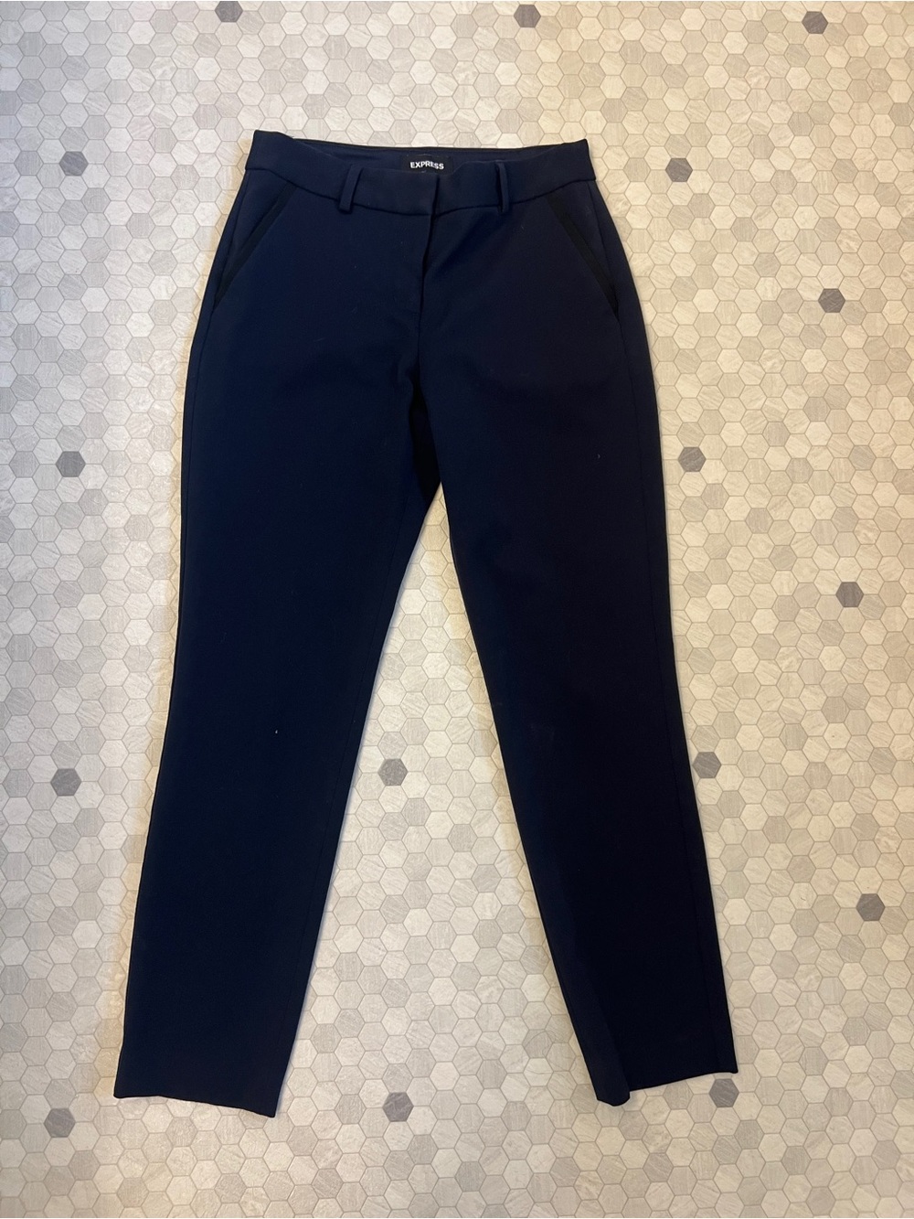 Express Womenβs Navy Blue Straight Leg Dress Pants with Black Trim